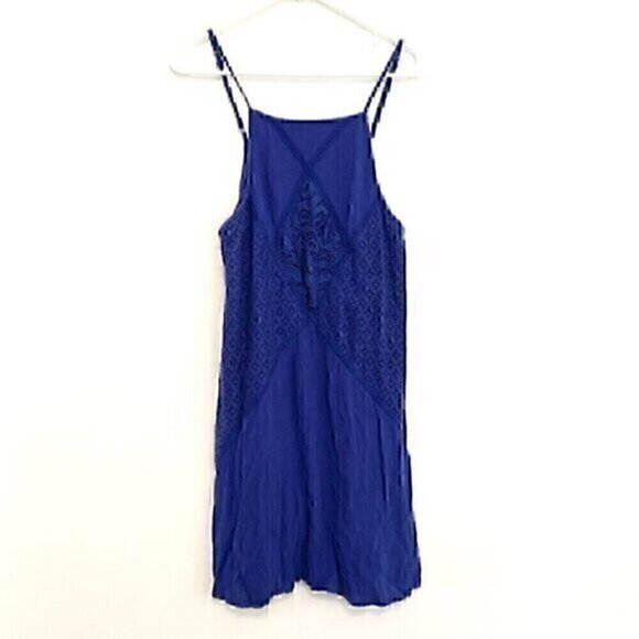 XHILARATION Cobalt Blue Floral Crochet Lace Trim Square Neck Trapeze Swing Dress - Picture 1 of 12